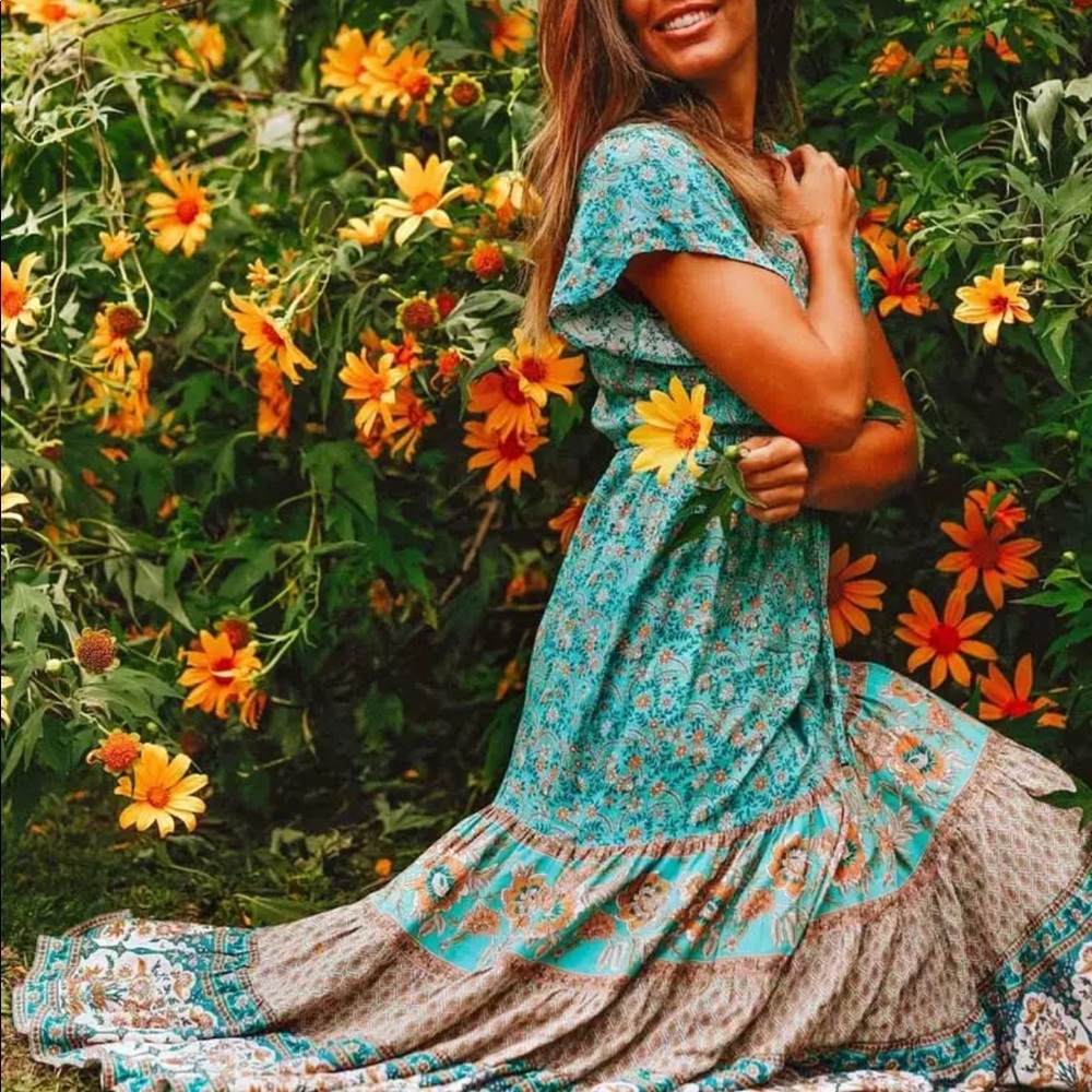 Boho Floral Gypsy Stripe Print Maxi Dress Maroon - Picture 16 of 16